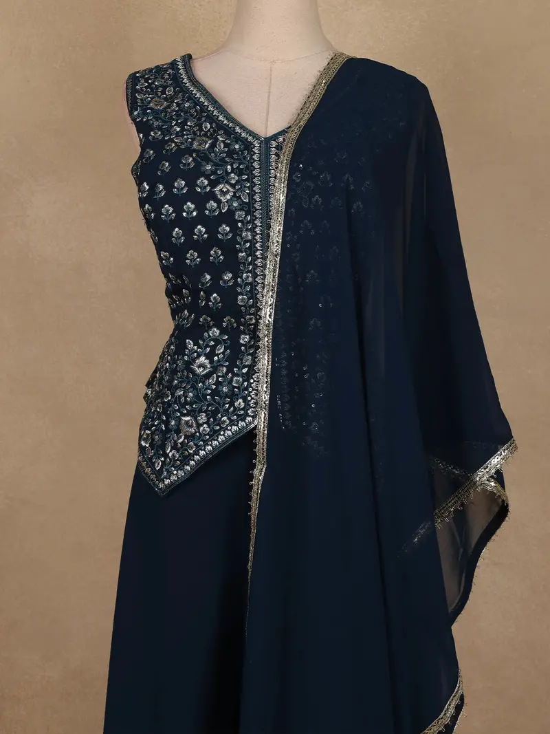 Peacock Blue Floral Embroidered Georgette Palazzo Suit 2