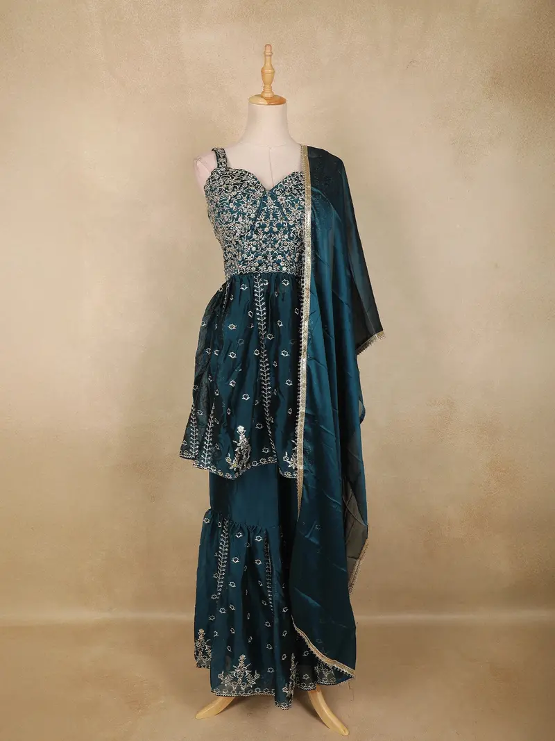 Peacock Blue Floral Embroidered Georgette Sharara Suit With Dupatta 1