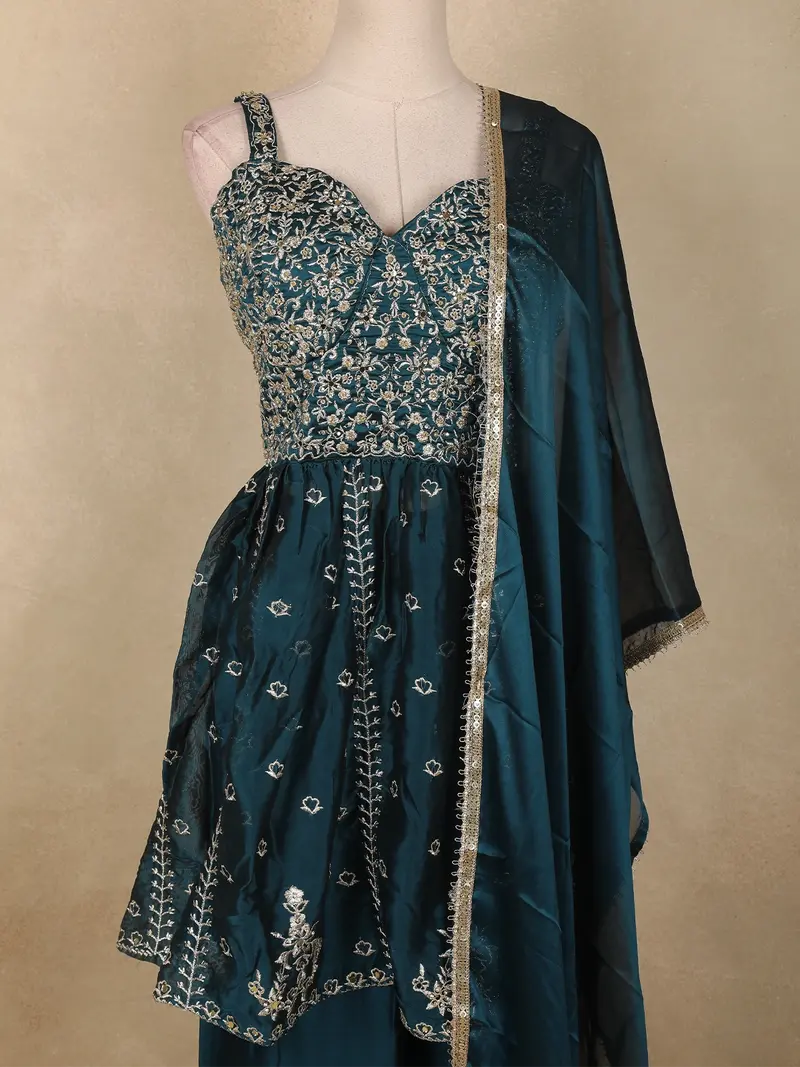 Peacock Blue Floral Embroidered Georgette Sharara Suit With Dupatta 2