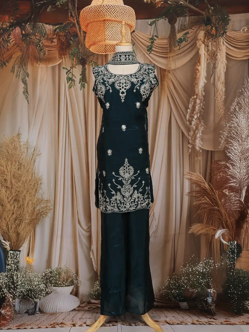 Peacock Blue Floral Embroidered Organza Palazzo Suit 1