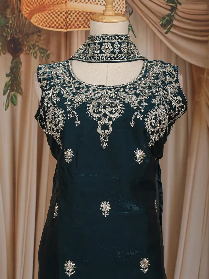 Peacock Blue Floral Embroidered Organza Palazzo Suit 2