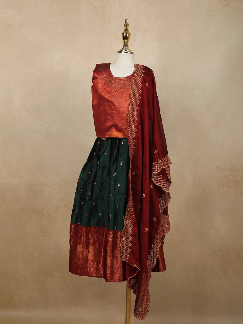 Peacock Blue Floral Embroidered Raw Silk Pattu Pavadai 1
