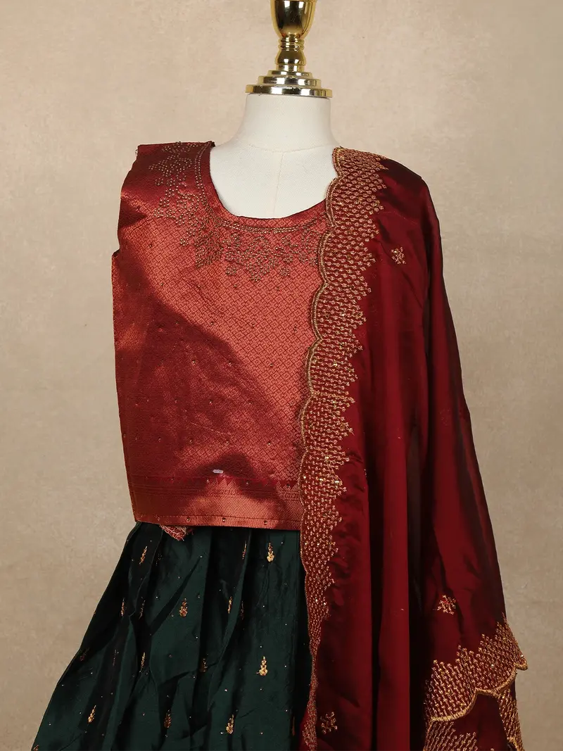 Peacock Blue Floral Embroidered Raw Silk Pattu Pavadai 2