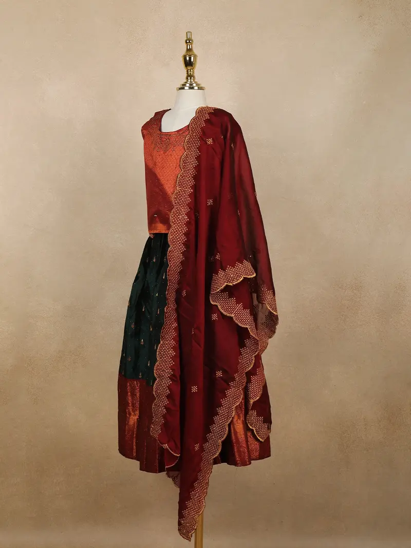 Peacock Blue Floral Embroidered Raw Silk Pattu Pavadai 3