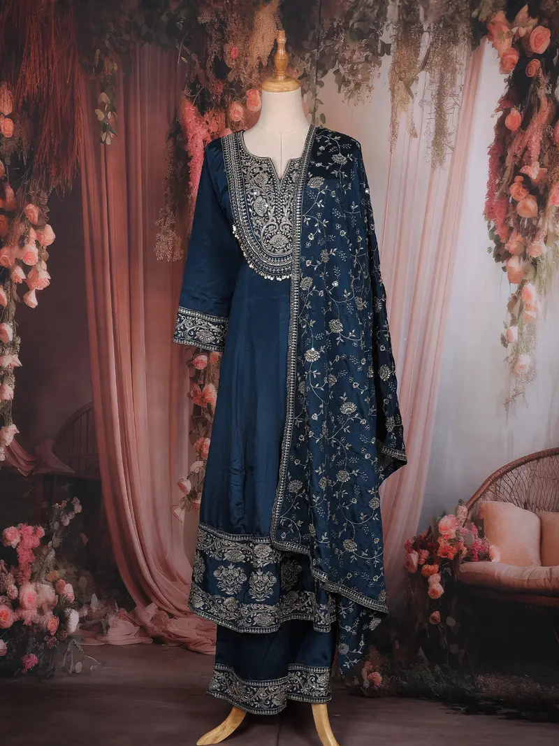 Peacock Blue Floral Embroidered Raw Silk Salwar Suit With Dupatta 1