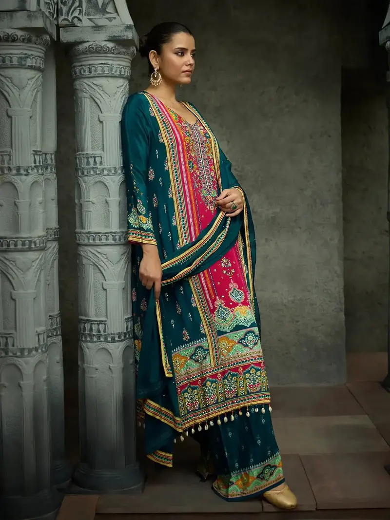 Peacock Blue Floral Printed Synthetic Palazzo Salwar Suit 1