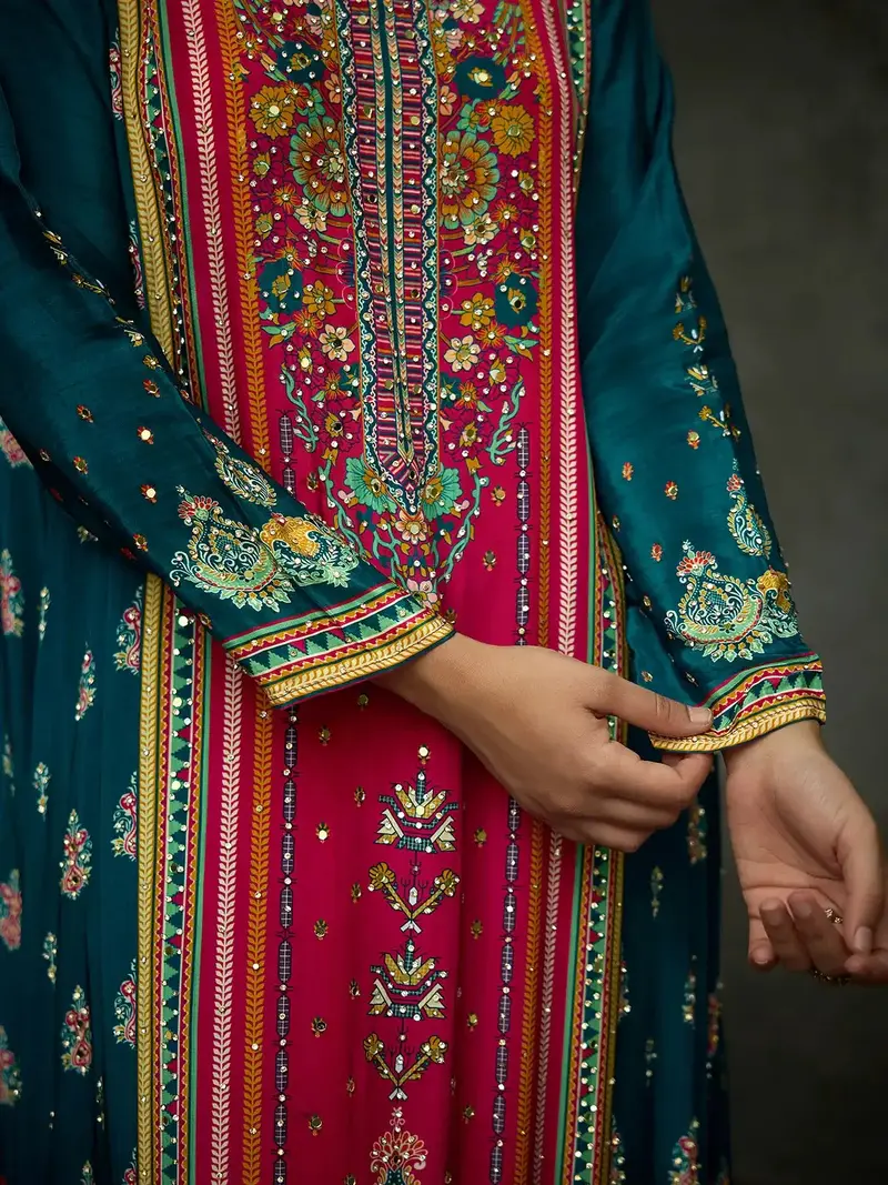 Peacock Blue Floral Printed Synthetic Palazzo Salwar Suit 2