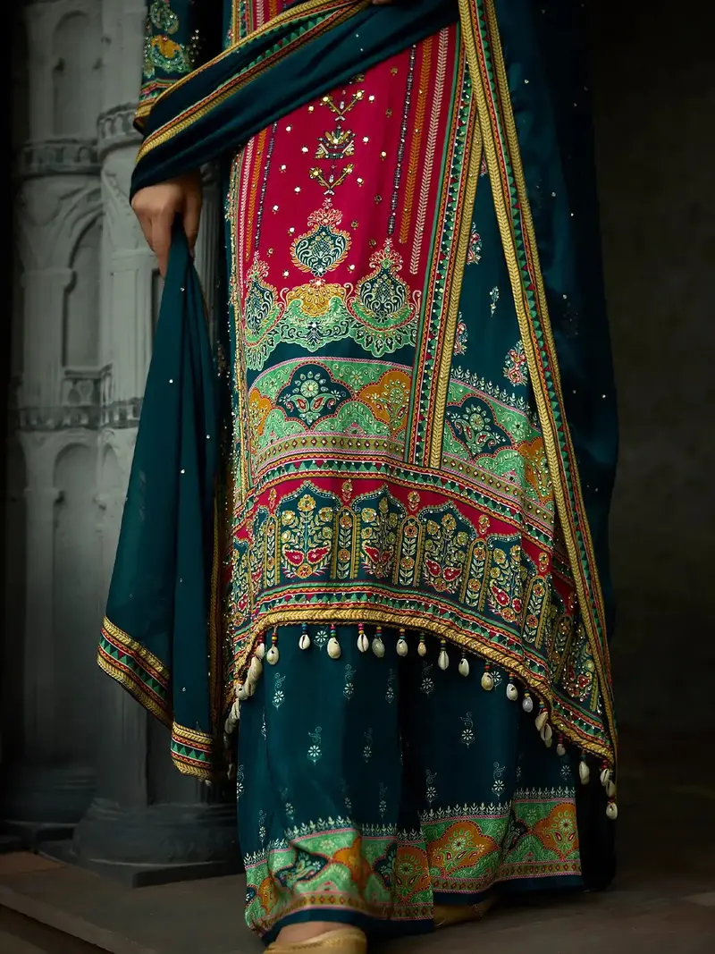 Peacock Blue Floral Printed Synthetic Palazzo Salwar Suit 3
