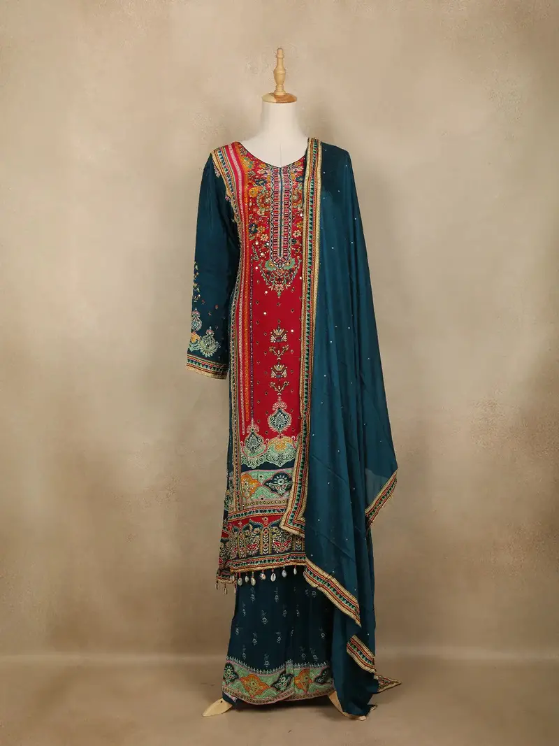 Peacock Blue Floral Printed Synthetic Palazzo Salwar Suit 4