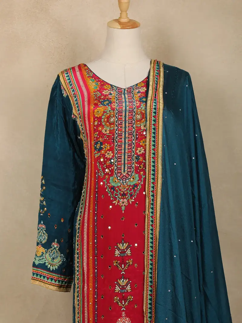 Peacock Blue Floral Printed Synthetic Palazzo Salwar Suit 5