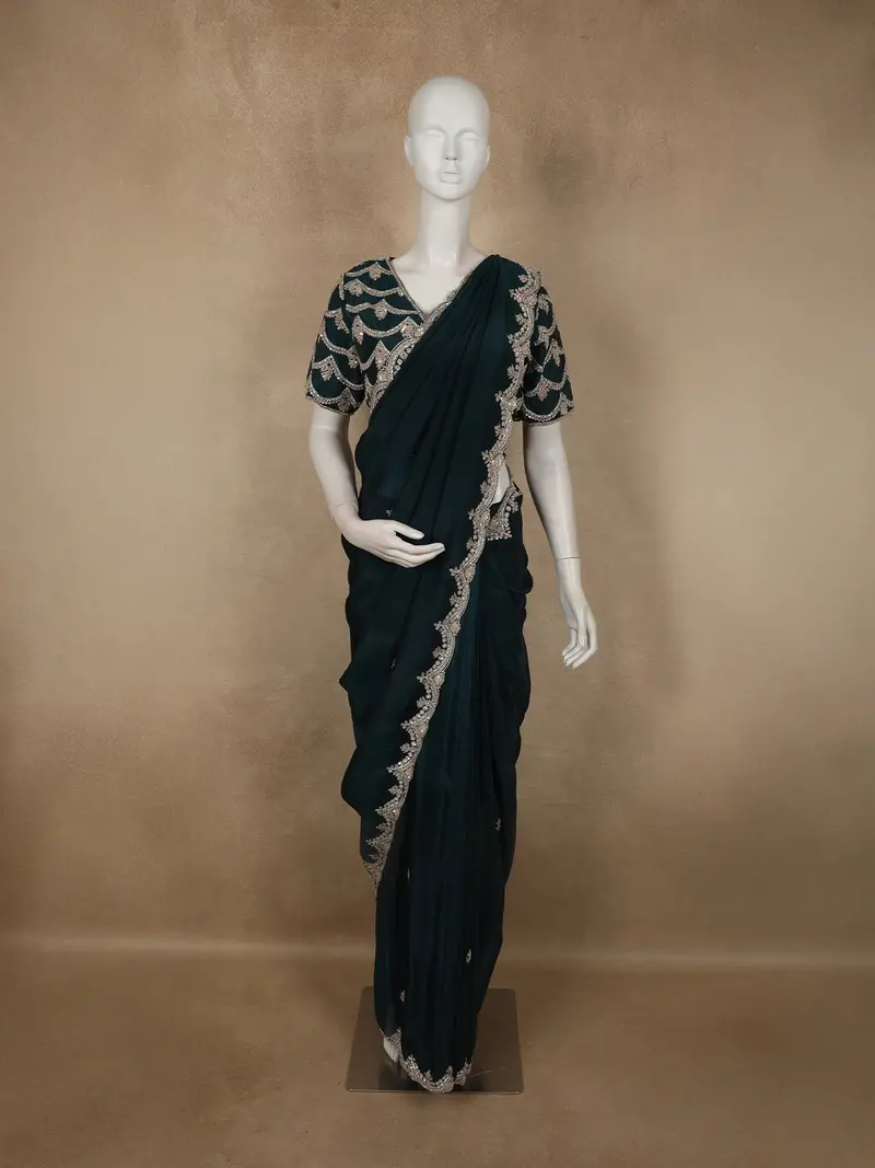 Peacock Blue Floral Sequins And Beads Embroidered Design Organza Designer Saree With Designer Blouse 1