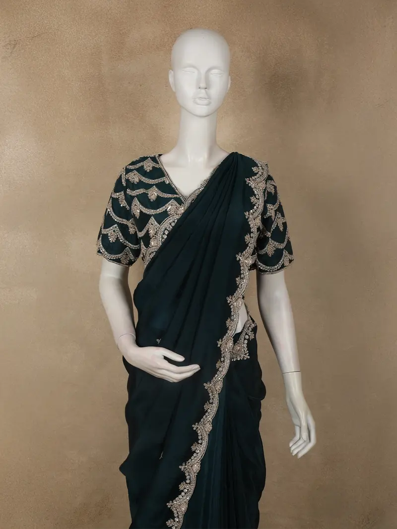 Peacock Blue Floral Sequins And Beads Embroidered Design Organza Designer Saree With Designer Blouse 2