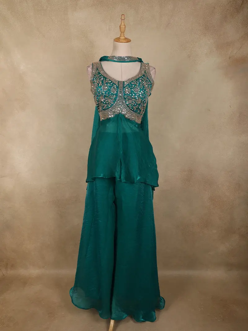 Peacock Blue Floral Sequins And Beads Embroidered Design Organza Palazzo Suit With Dupatta 1