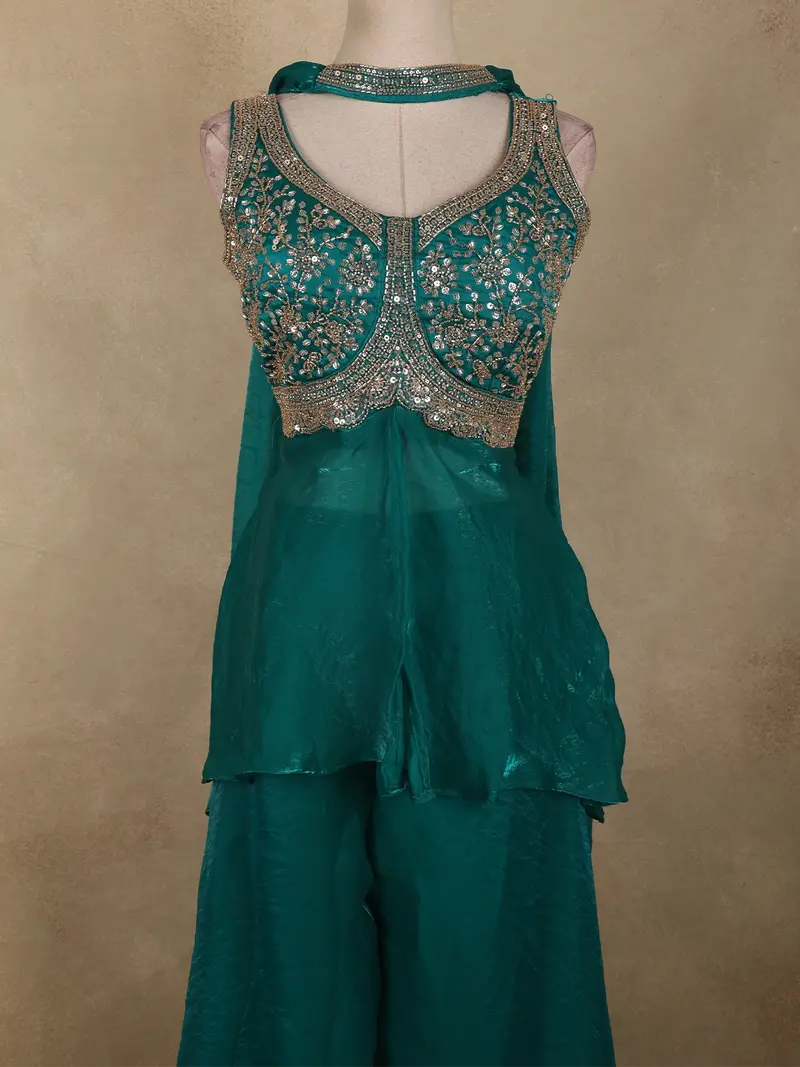 Peacock Blue Floral Sequins And Beads Embroidered Design Organza Palazzo Suit With Dupatta 2