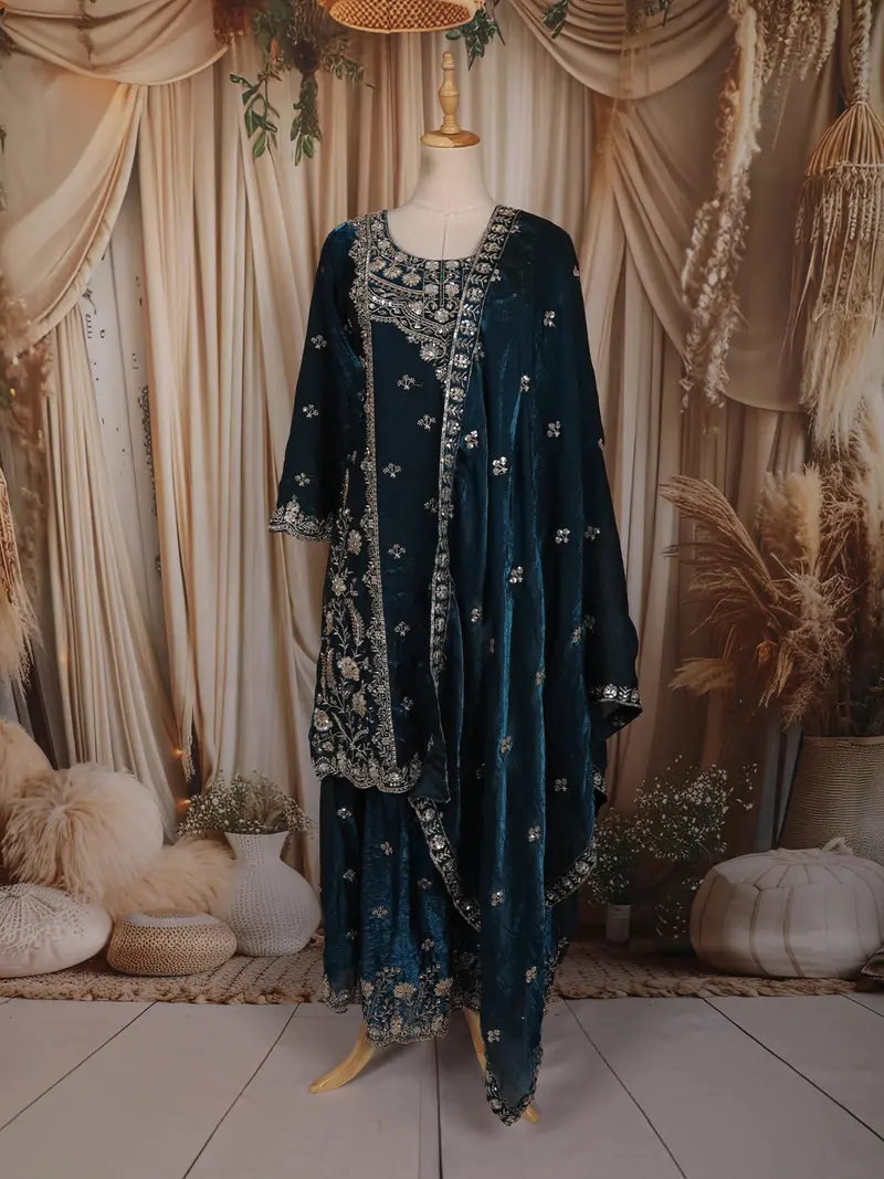 Peacock Blue Floral Sequins And Zari Embroidered Design Tissue Organza Sharara Suit With Dupatta 1