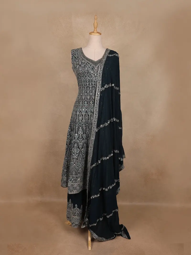 Peacock Blue Floral Sequins Embroidered Design Georgette Palazzo Suit 1