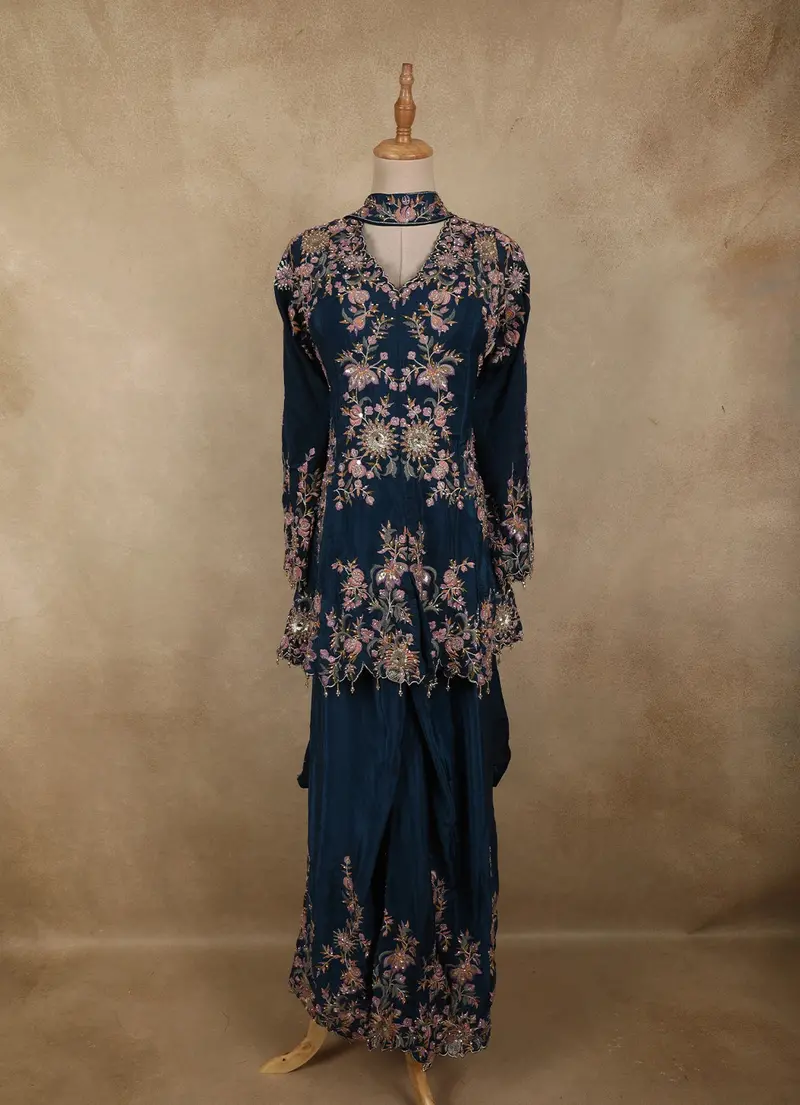 Peacock Blue Floral Thread Embroidered Design Crepe Peplum Palazzo Suit With Dupatta 1