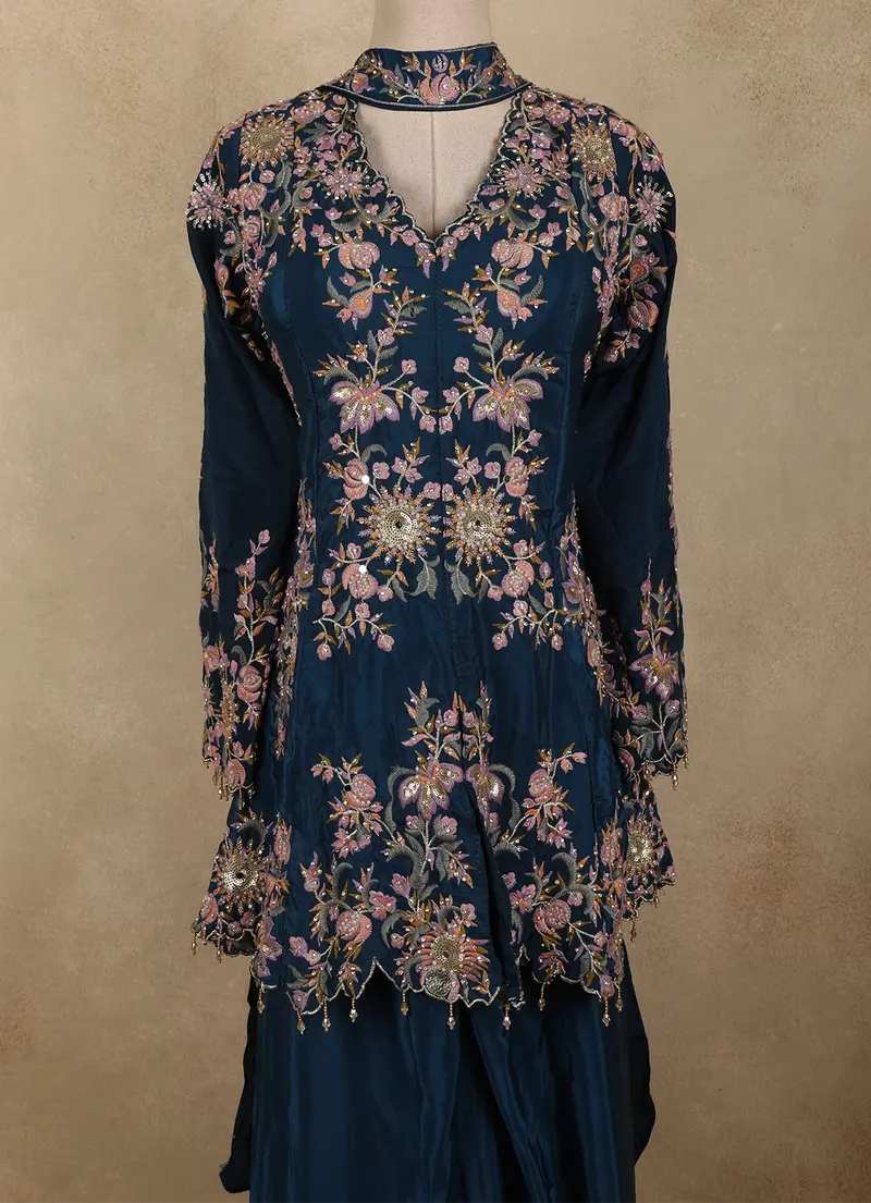 Peacock Blue Floral Thread Embroidered Design Crepe Peplum Palazzo Suit With Dupatta 2