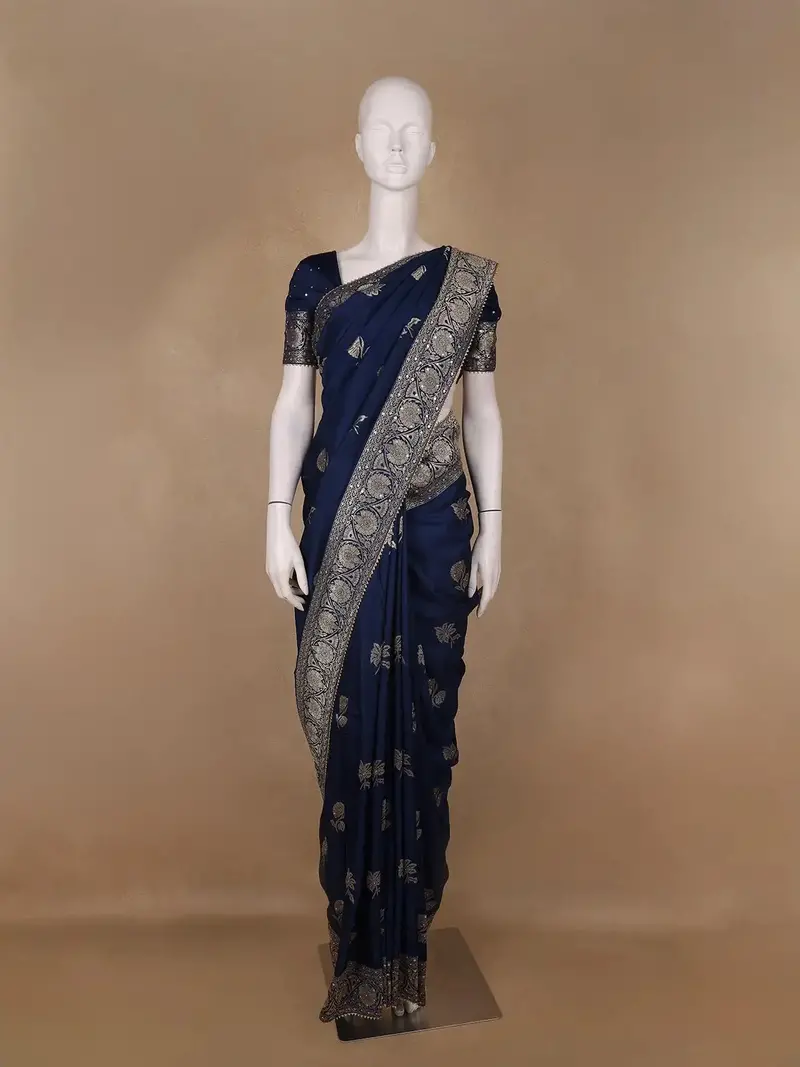 Peacock Blue Floral Woven Banarasi Silk Saree 1
