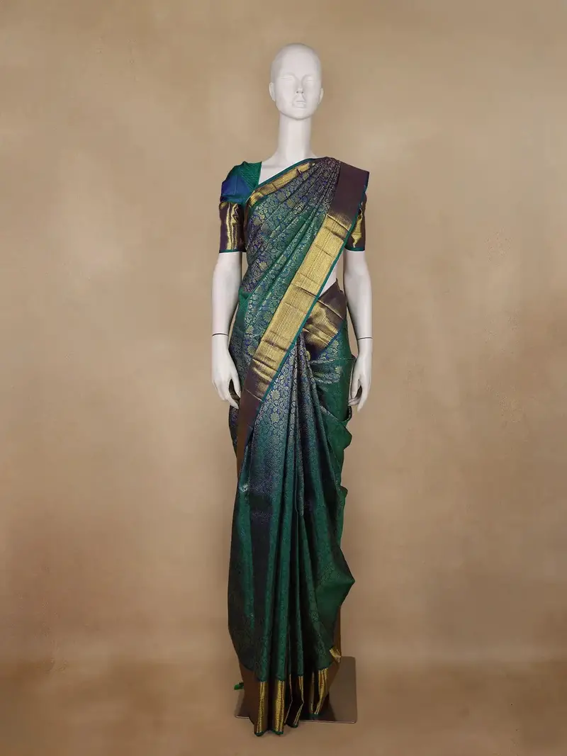 Peacock Blue Floral Woven Pure Kanchipuram Silk Saree 1