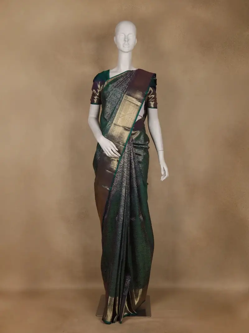 Peacock Blue Floral Woven Pure Kanchipuram Silk Saree 1