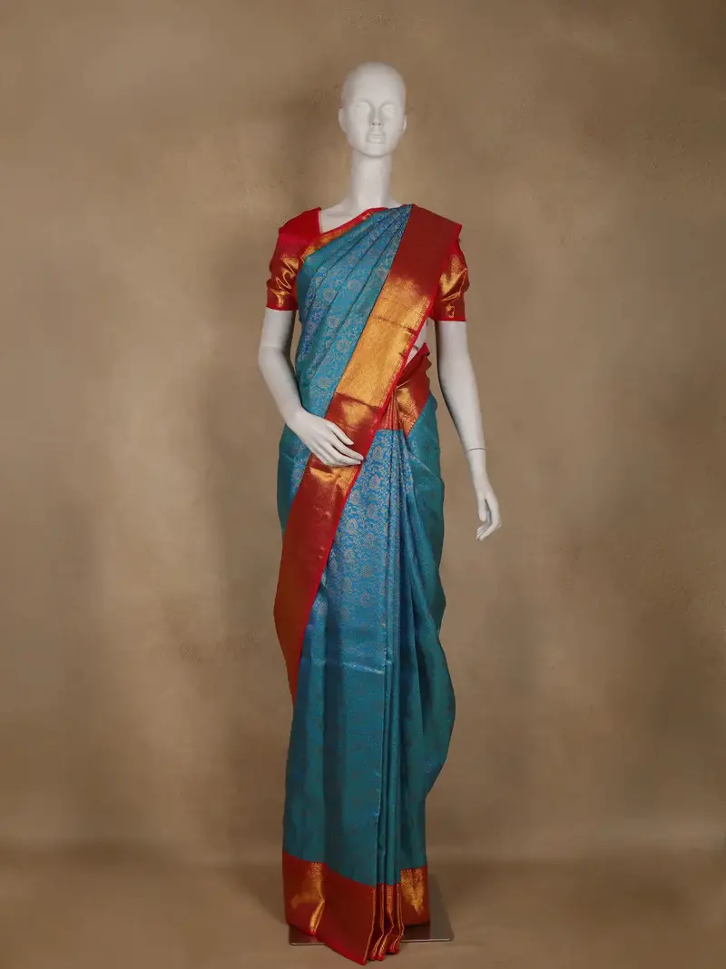 Peacock Blue Floral Woven Pure Kanchipuram Silk Saree With Contrast Border 1
