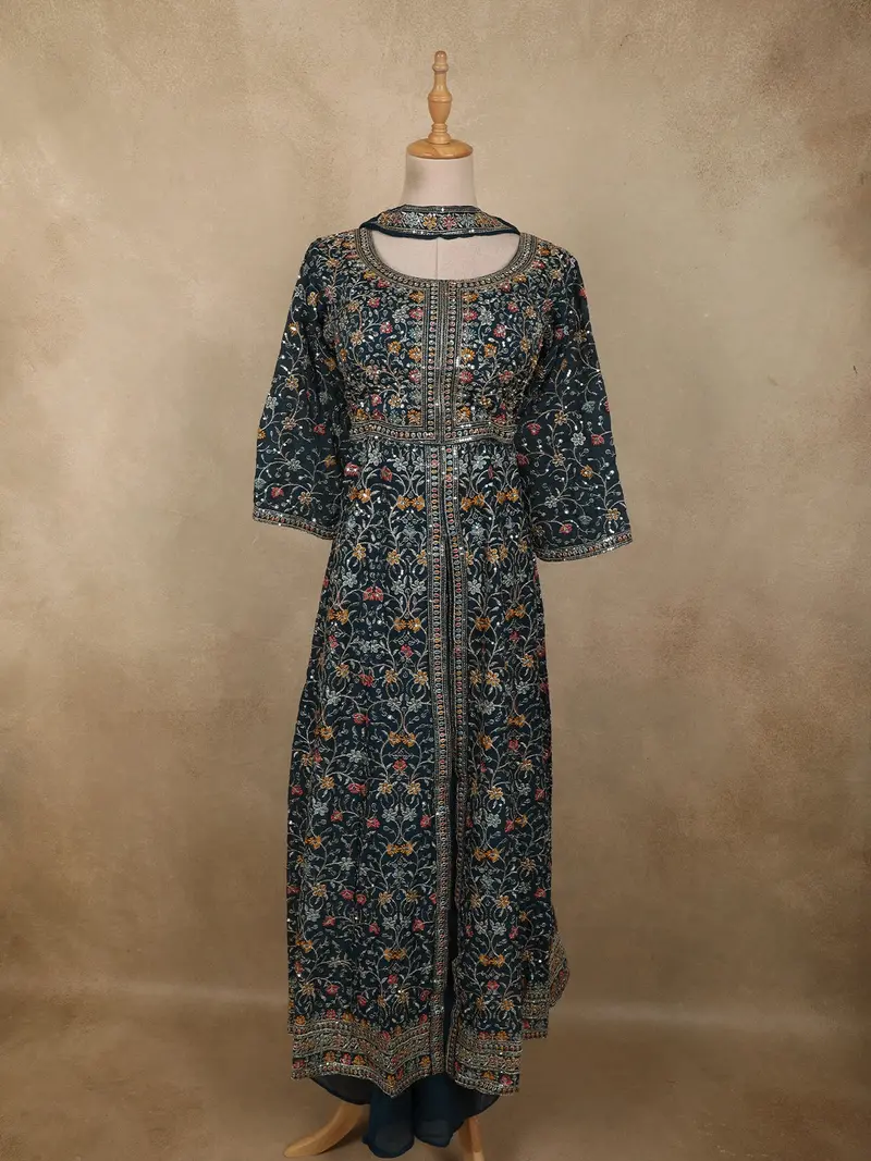 Peacock Blue Floral Zari Embroidered Design Organza Mastani Palazzo Suit 1