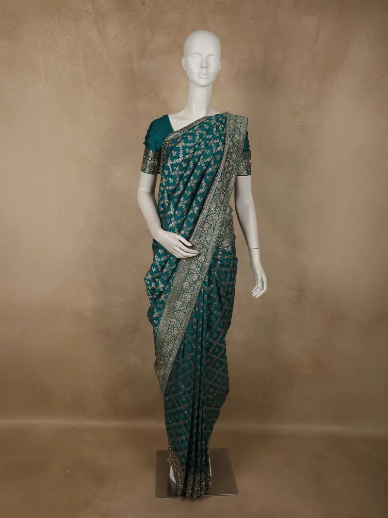 Peacock Blue Floral  Zari Woven Design Pure Banarasi Designer Saree With Designer Border 1