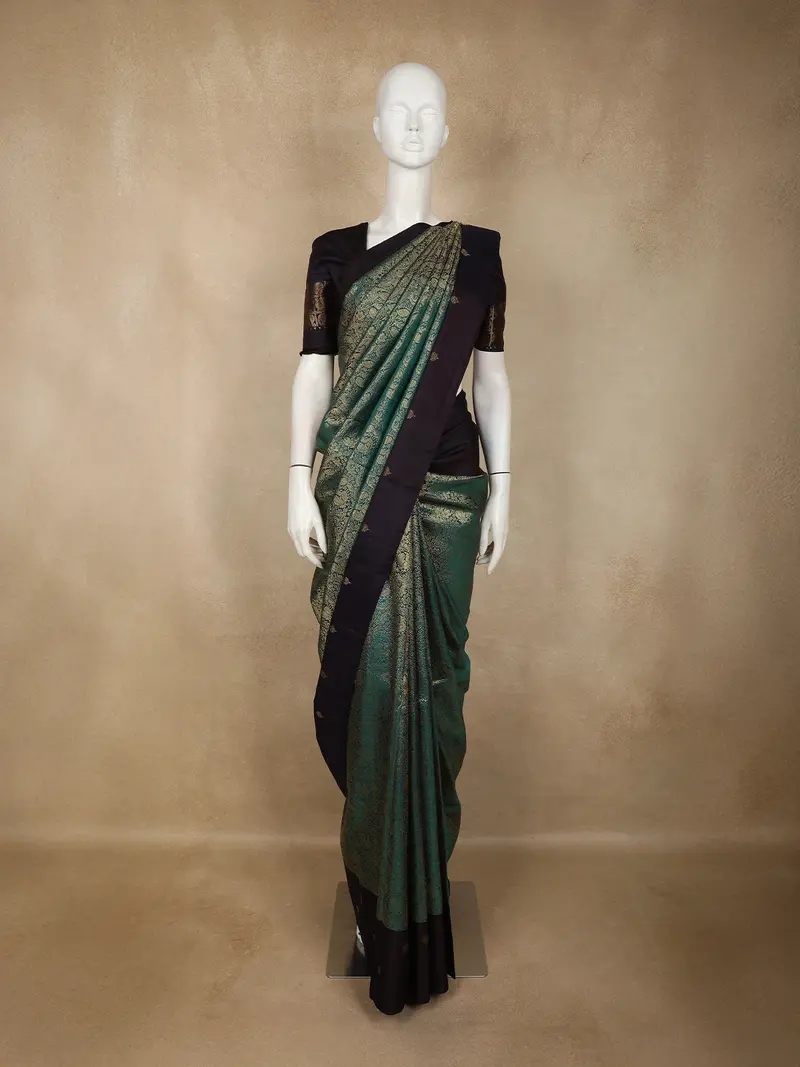 Peacock Blue Floral Zari Woven Design Pure Kanchipuram Silk Saree 1