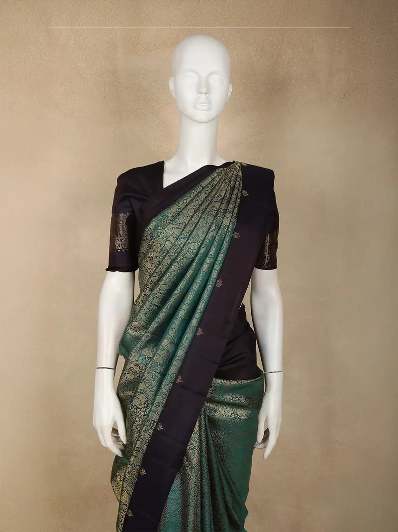 Peacock Blue Floral Zari Woven Design Pure Kanchipuram Silk Saree 2