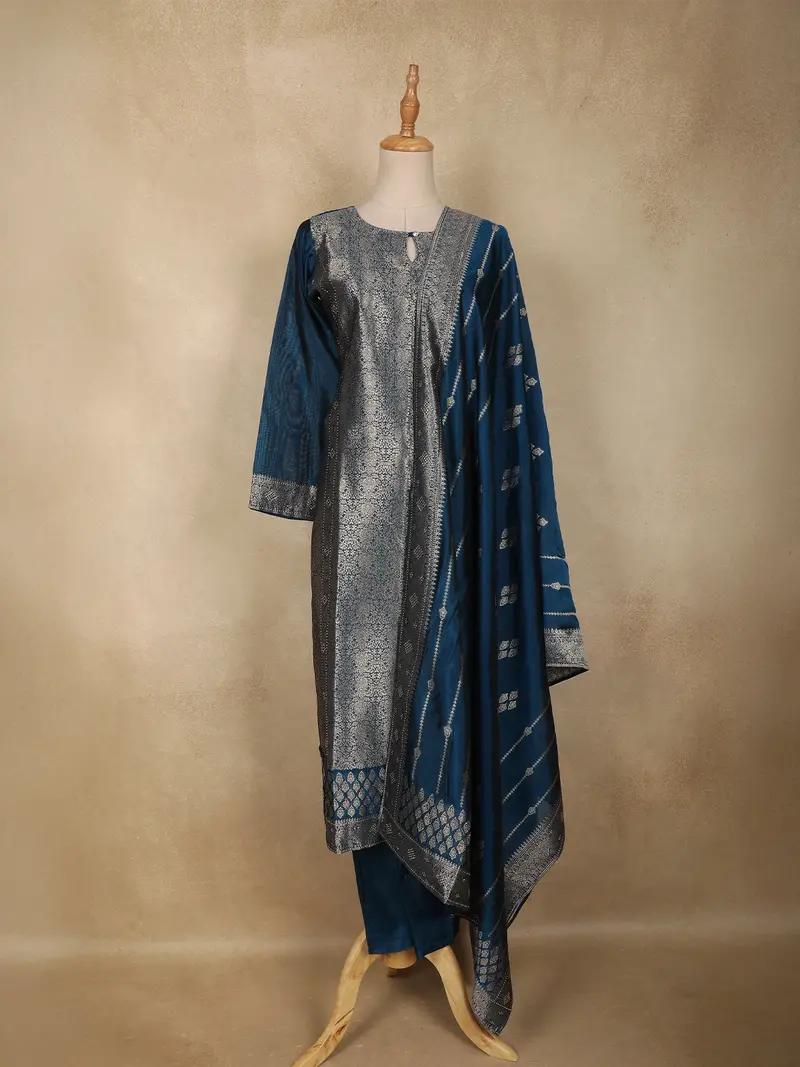 Peacock Blue Floral Zari Woven Design Silk Straight Suit With Dupatta 1