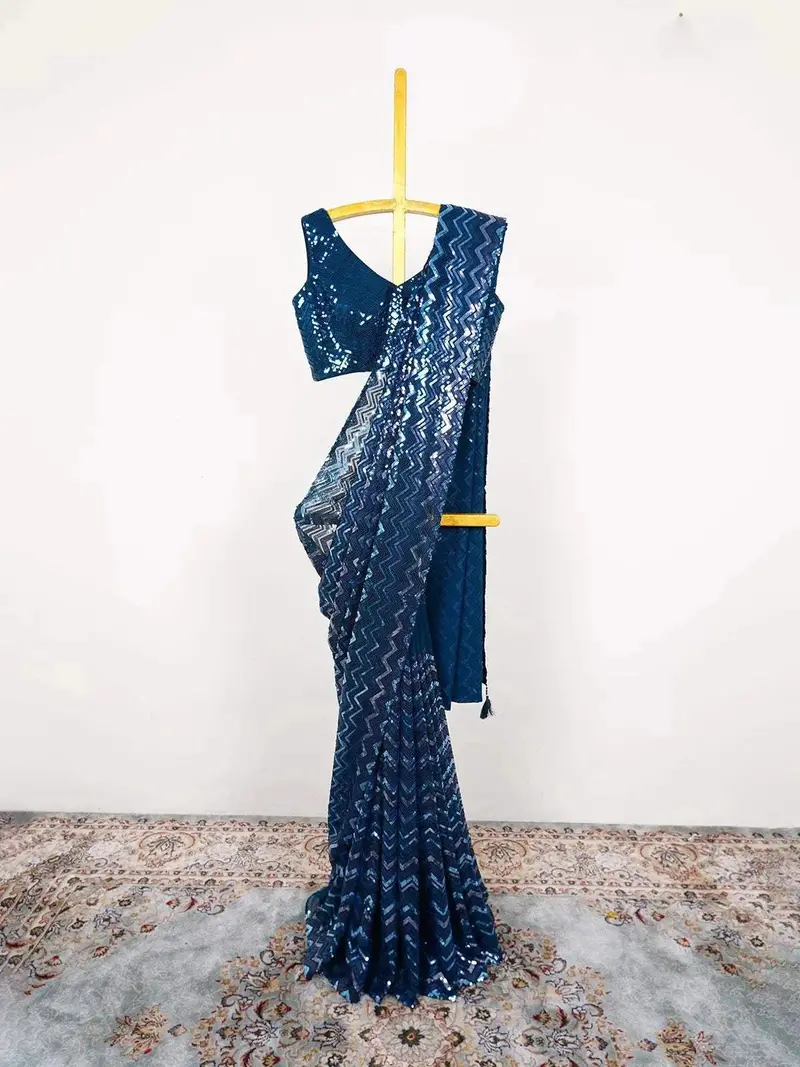 Peacock Blue Georgette Saree With Multicolor Sequins & Chevron Pattern And Designer Blouse 1
