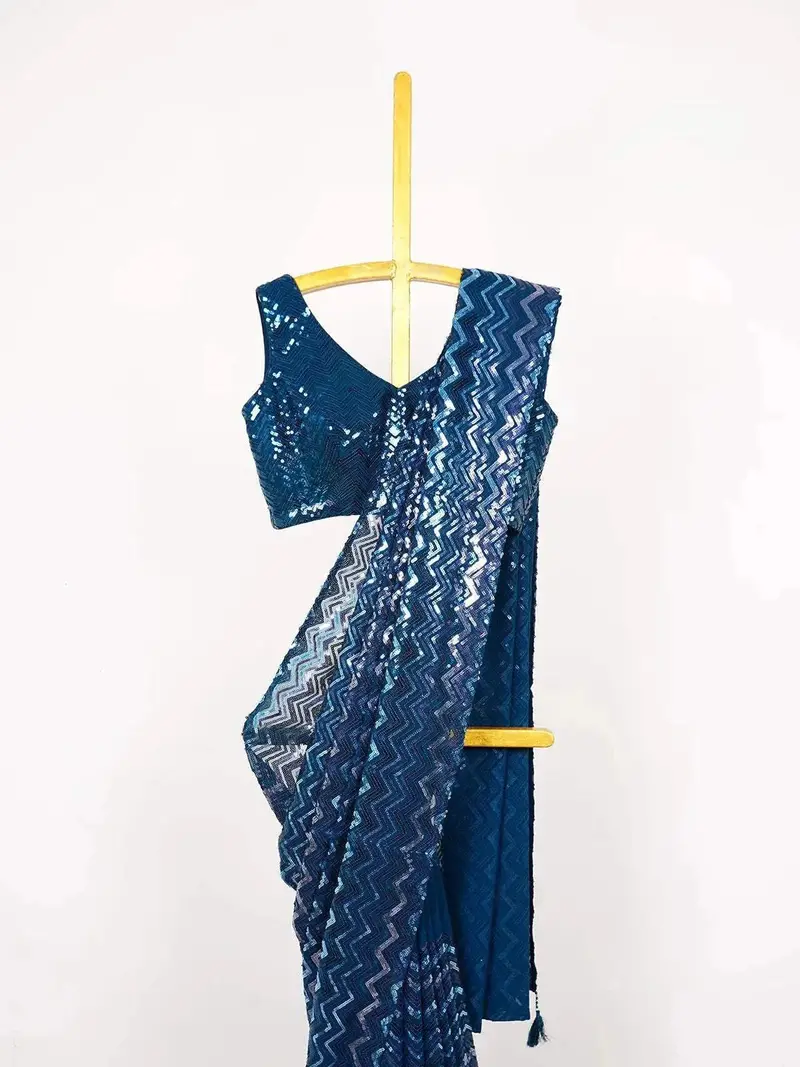 Peacock Blue Georgette Saree With Multicolor Sequins & Chevron Pattern And Designer Blouse 2
