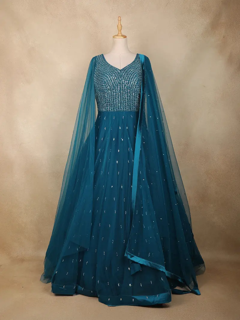Peacock Blue Heavy Sequins Embroidered Net Gown With Dupatta 1