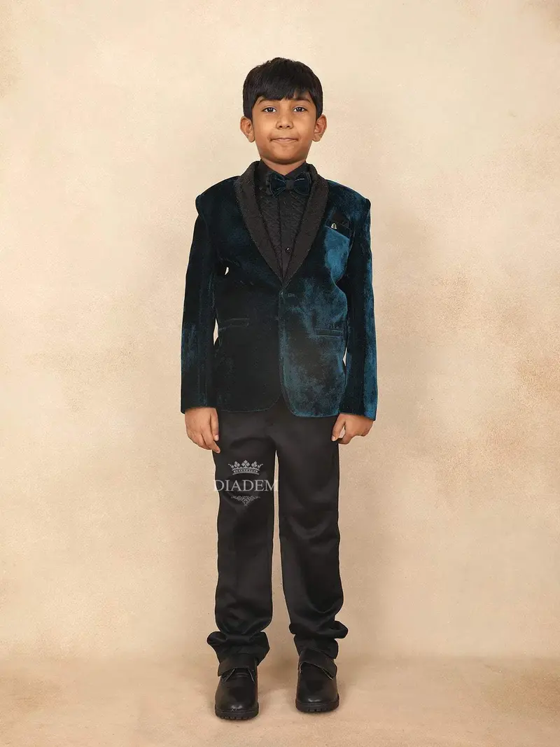 Peacock Blue Kids Velvet Coat Suit Adorned With Stone Design Attached With Bow 1