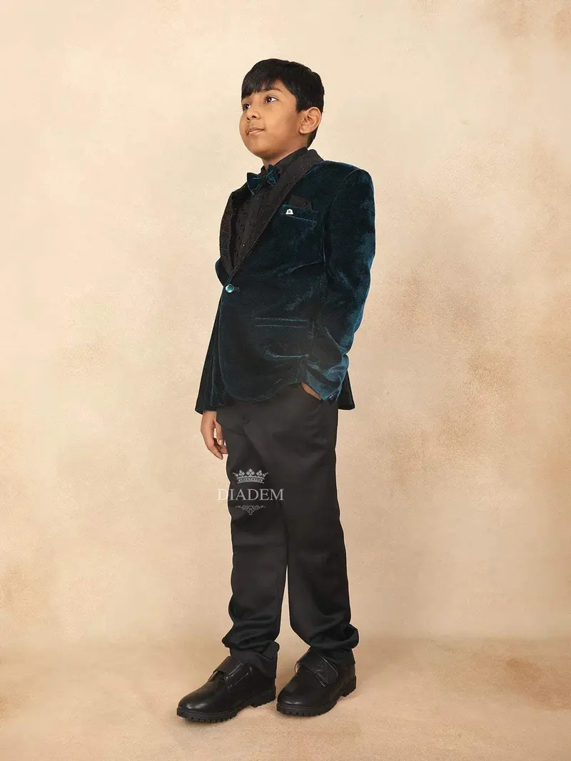 Peacock Blue Kids Velvet Coat Suit Adorned With Stone Design Attached With Bow 2