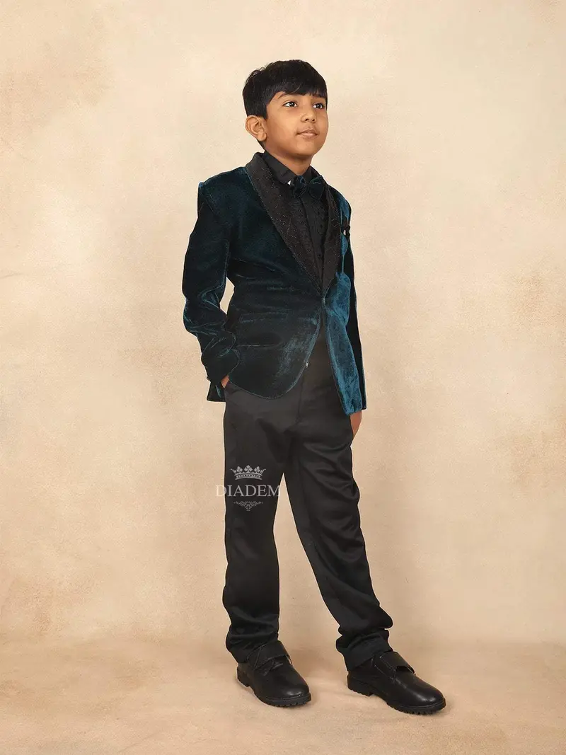 Peacock Blue Kids Velvet Coat Suit Adorned With Stone Design Attached With Bow 3