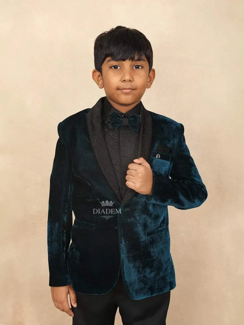 Peacock Blue Kids Velvet Coat Suit Adorned With Stone Design Attached With Bow 4