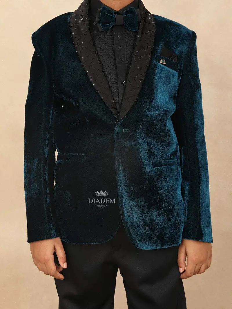 Peacock Blue Kids Velvet Coat Suit Adorned With Stone Design Attached With Bow 5