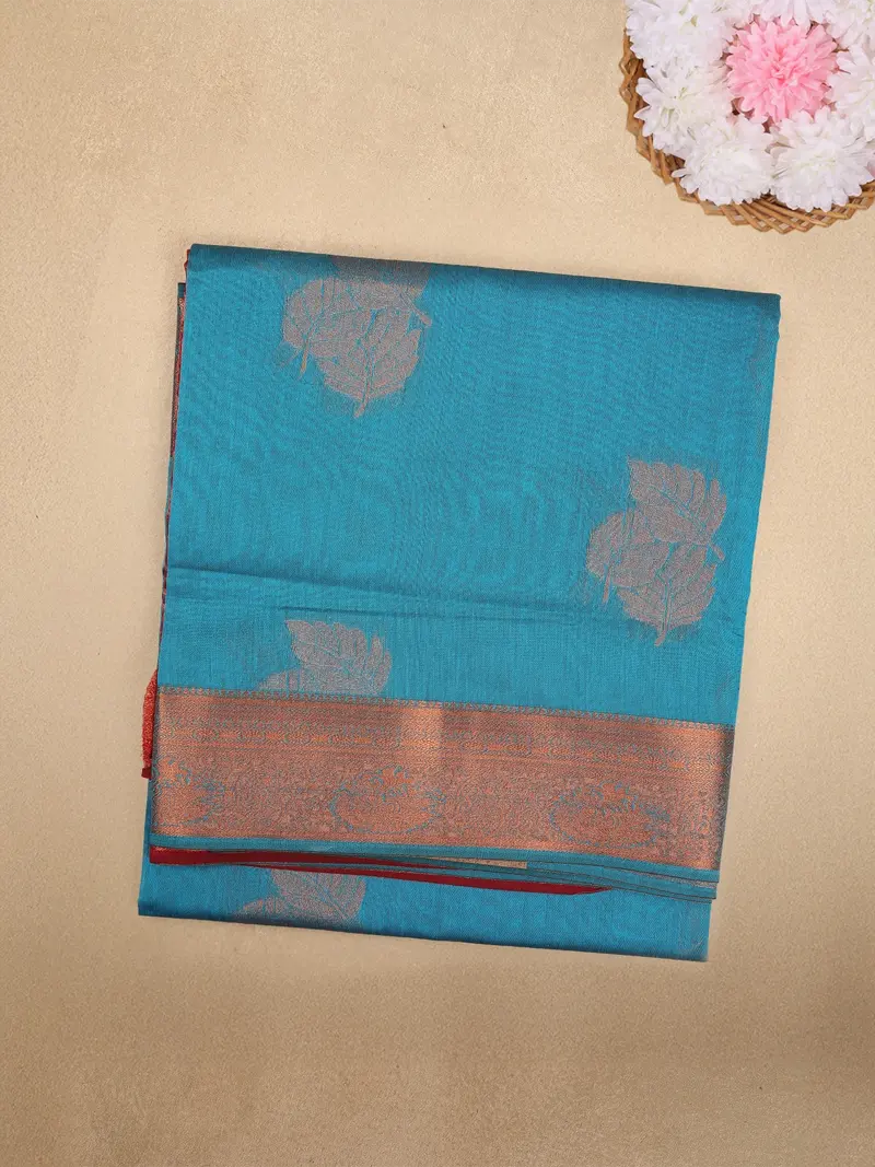 Peacock Blue Leaf Butta Woven Silk Cotton Saree With Zari Border 1