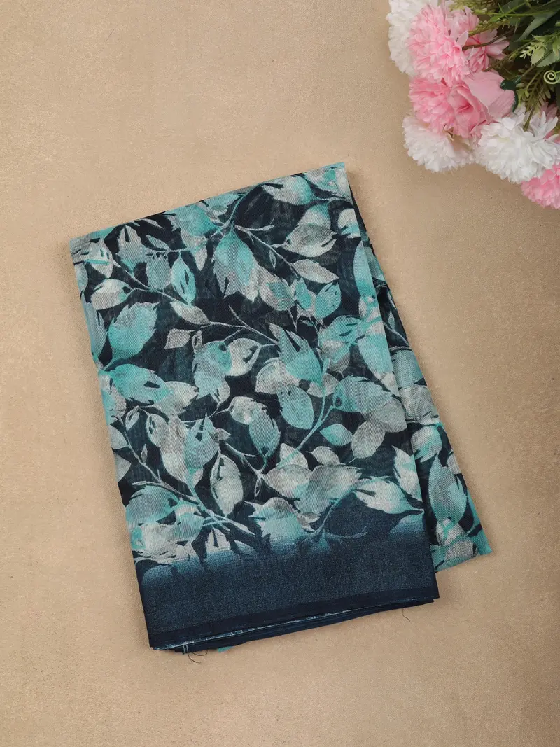 Peacock Blue Leaf Printed Design Linen Cotton Casual Wear Saree 1