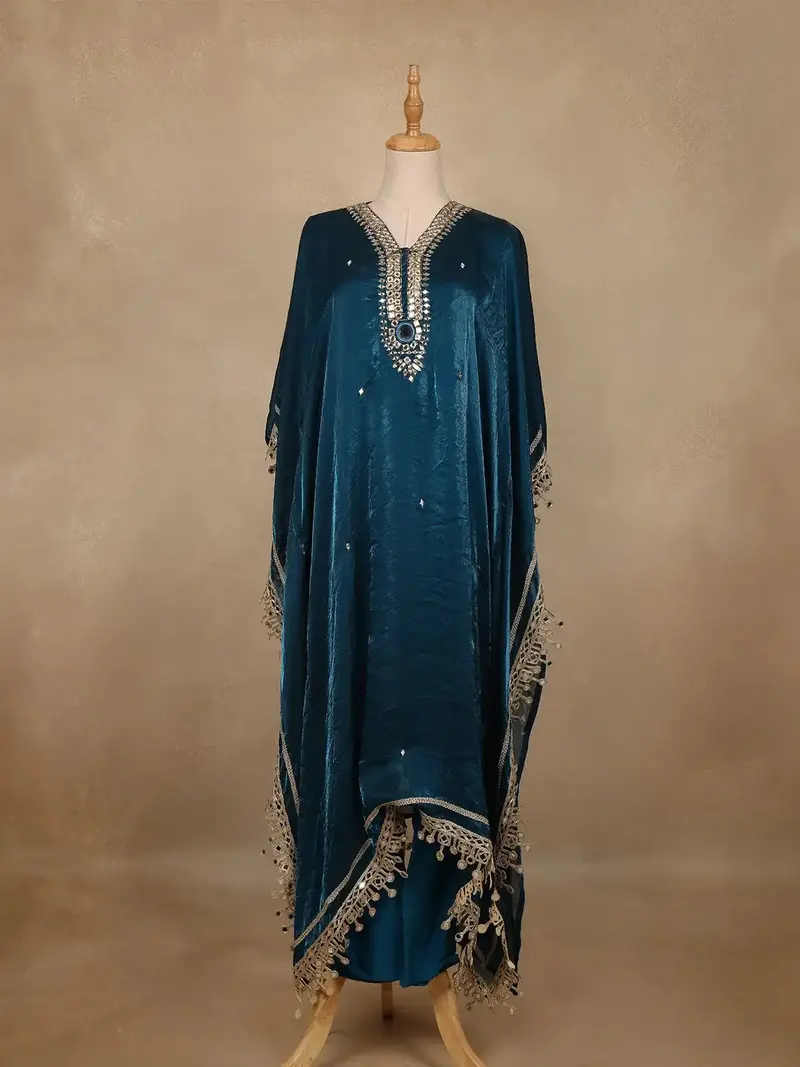 Peacock Blue Mirror Work Semi Silk Kaftan Suit 1