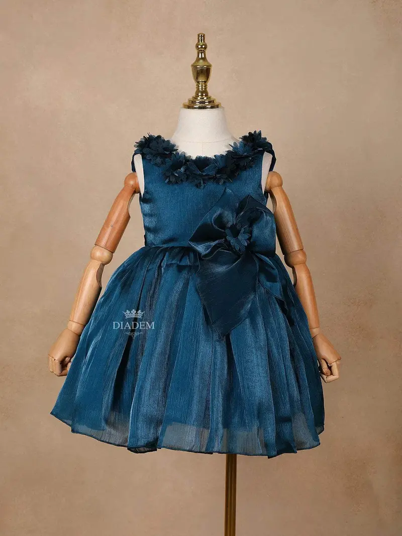 Peacock Blue Net Ball Gown Adorned With 3D Flowers 1