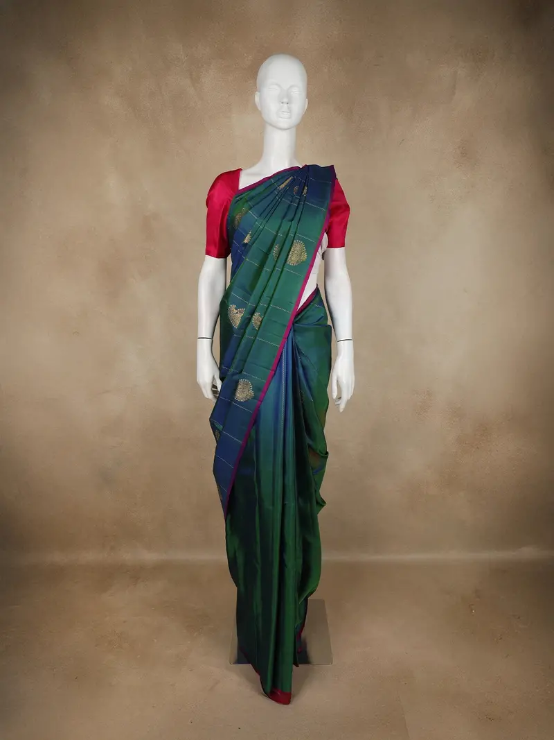 Peacock Blue Paisley Butta Woven Design Pure Kanchipuram Silk Saree With Contrast Blouse 1