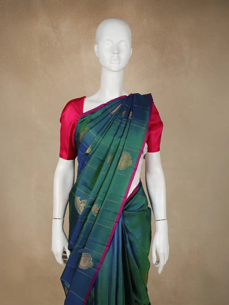Peacock Blue Paisley Butta Woven Design Pure Kanchipuram Silk Saree With Contrast Blouse 2