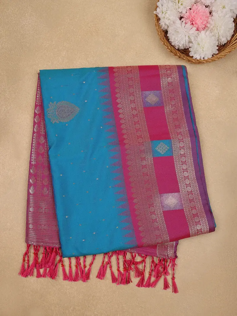 Peacock Blue Paisley Design Tissue Saree 1