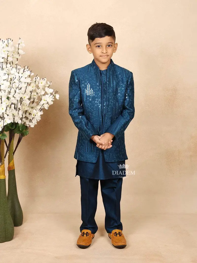 Peacock Blue Raw Silk Indo-Western Sherwani Embellished With Exquisite Floral Embroidery 1