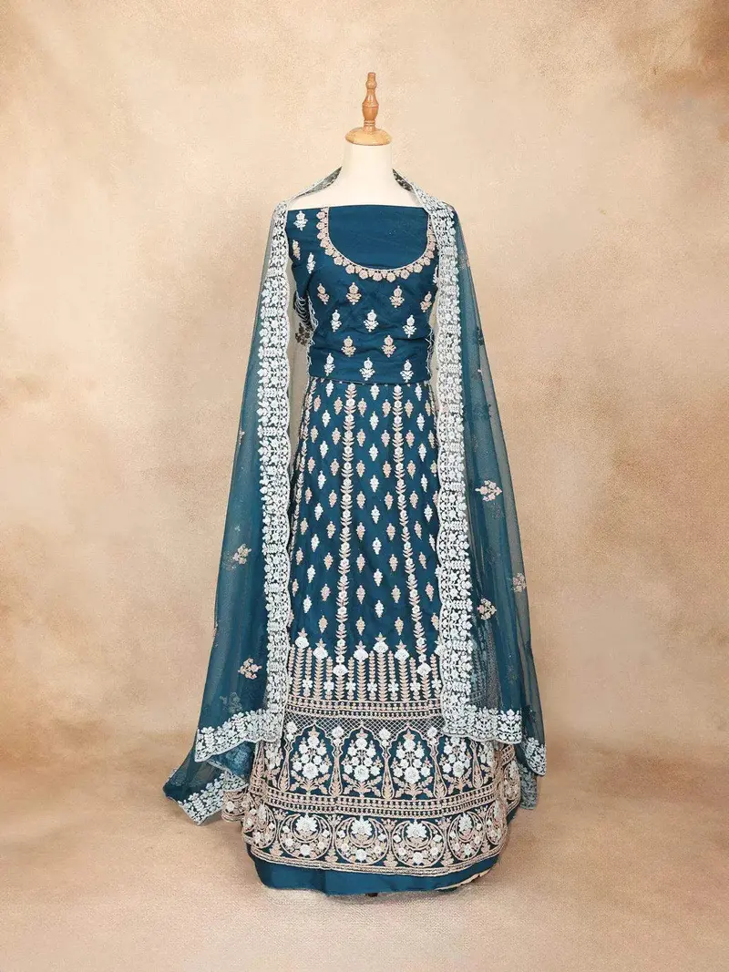 Peacock Blue Semi Stitched Lehenga Adorned With Sequins And Thread Floral Design With Dupatta 1