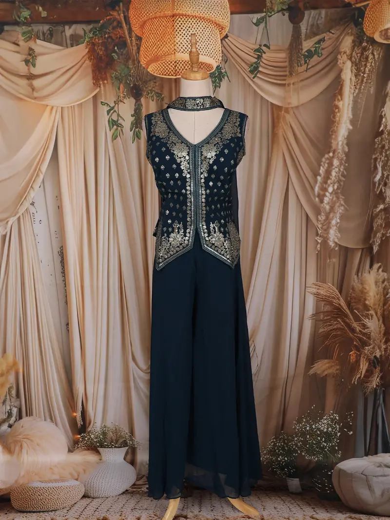 Peacock Blue Sequin Embroidered Design Chiffon Palazzo Suit 1