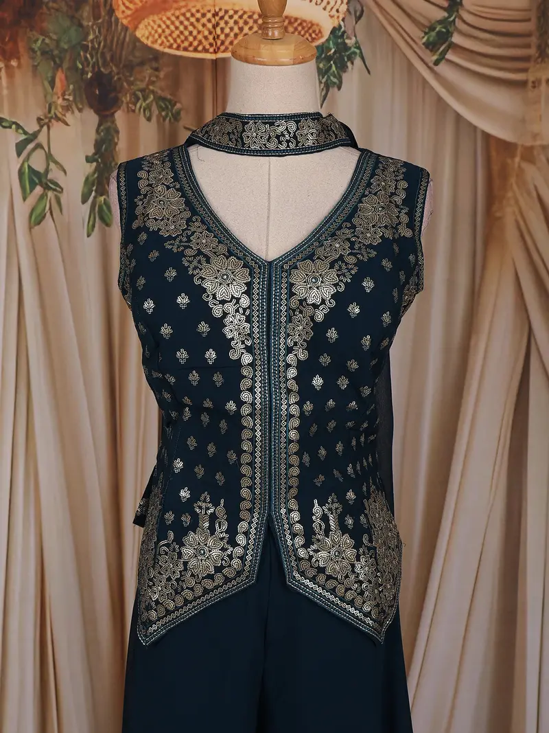 Peacock Blue Sequin Embroidered Design Chiffon Palazzo Suit 2